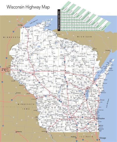 Large detailed map of Wisconsin with cities and towns.